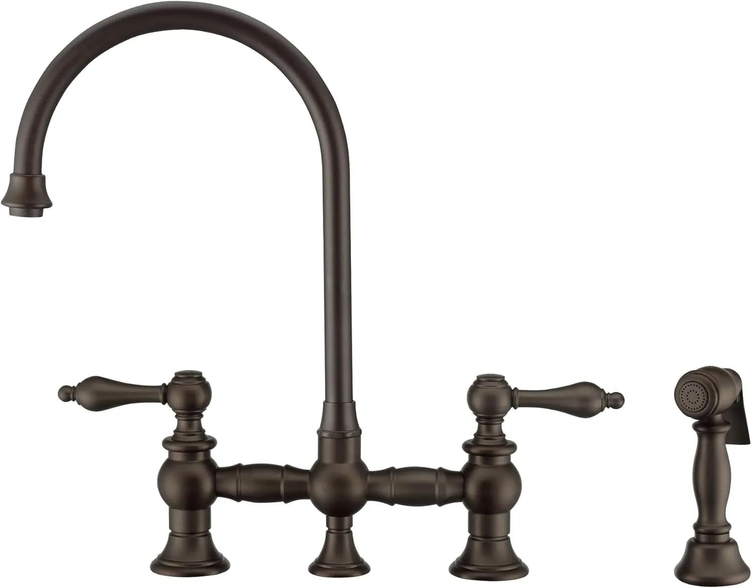 Vintage III Plus Bridge Faucet with Long Gooseneck Swivel Spout, Lever Handles and Solid Brass Side Spray