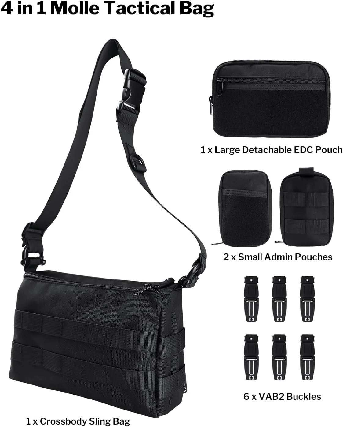 VIPERADE CHW3 Tactical Molle Bag with 3 Detachable Pouch, EDC Pouch Organizer for Men, 4 in 1 Sling Shoulder Crossbody Bag