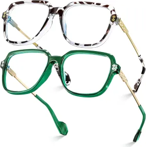 VISOONE 2 Pack Oversized Blue Light Blocking Glasses with Chic Square TR90 Frame and Metal Temple for Women Men REMY