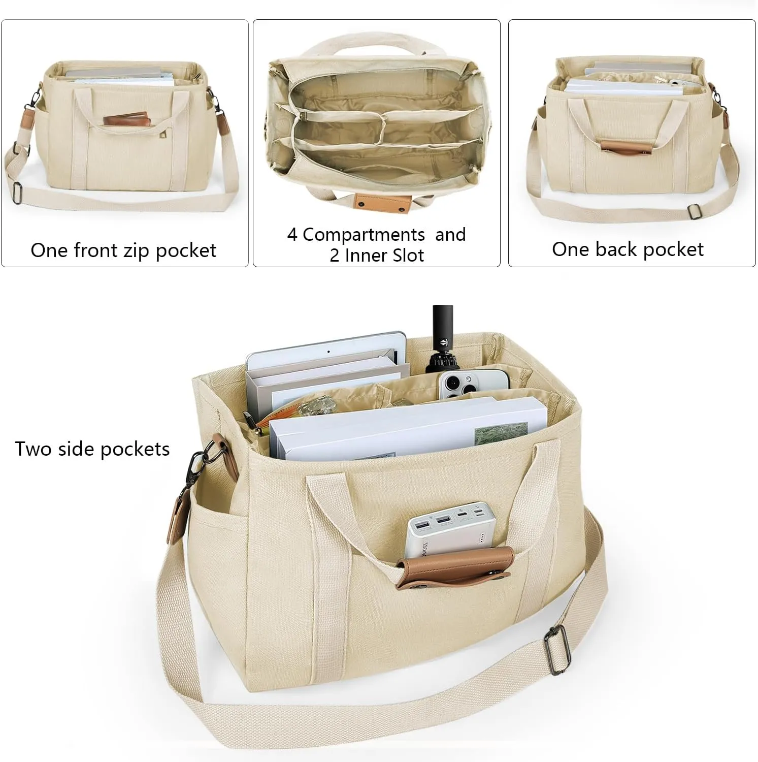 VIWIME Canvas Tote Bag for Women With Pockets, Cute Crossbody Shoulder Purses Mommy Handbag for Work Travel