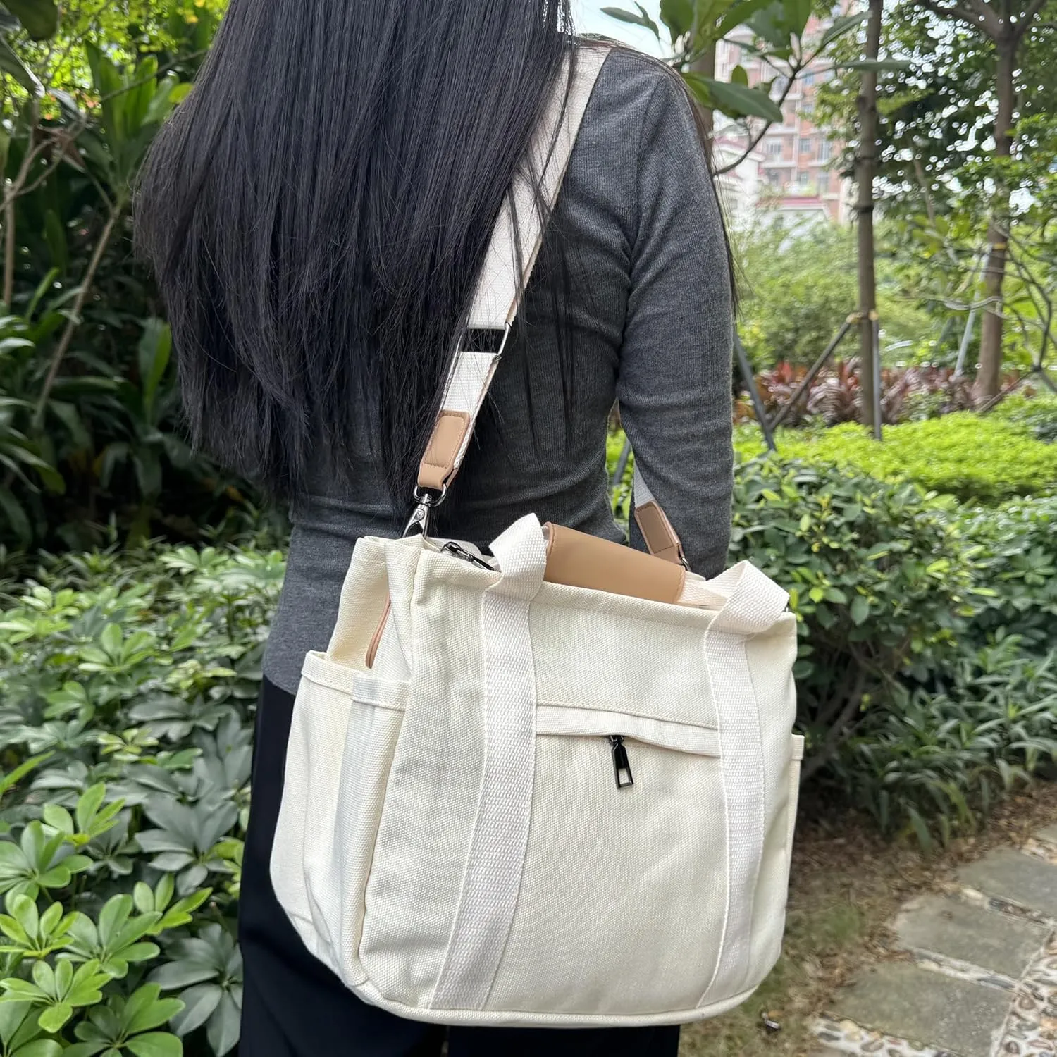 VIWIME Canvas Tote Bag for Women With Pockets, Cute Crossbody Shoulder Purses Mommy Handbag for Work Travel