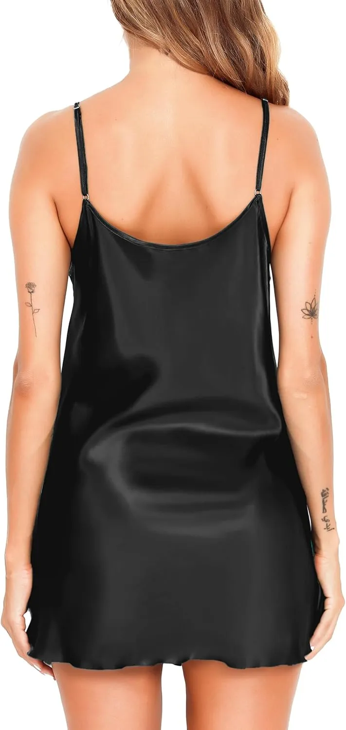 Vlazom Satin Nightshirts Sexy Silk Nightdress Spaghetti Strap Short Negligee Chemise Slip with Deep V Neck