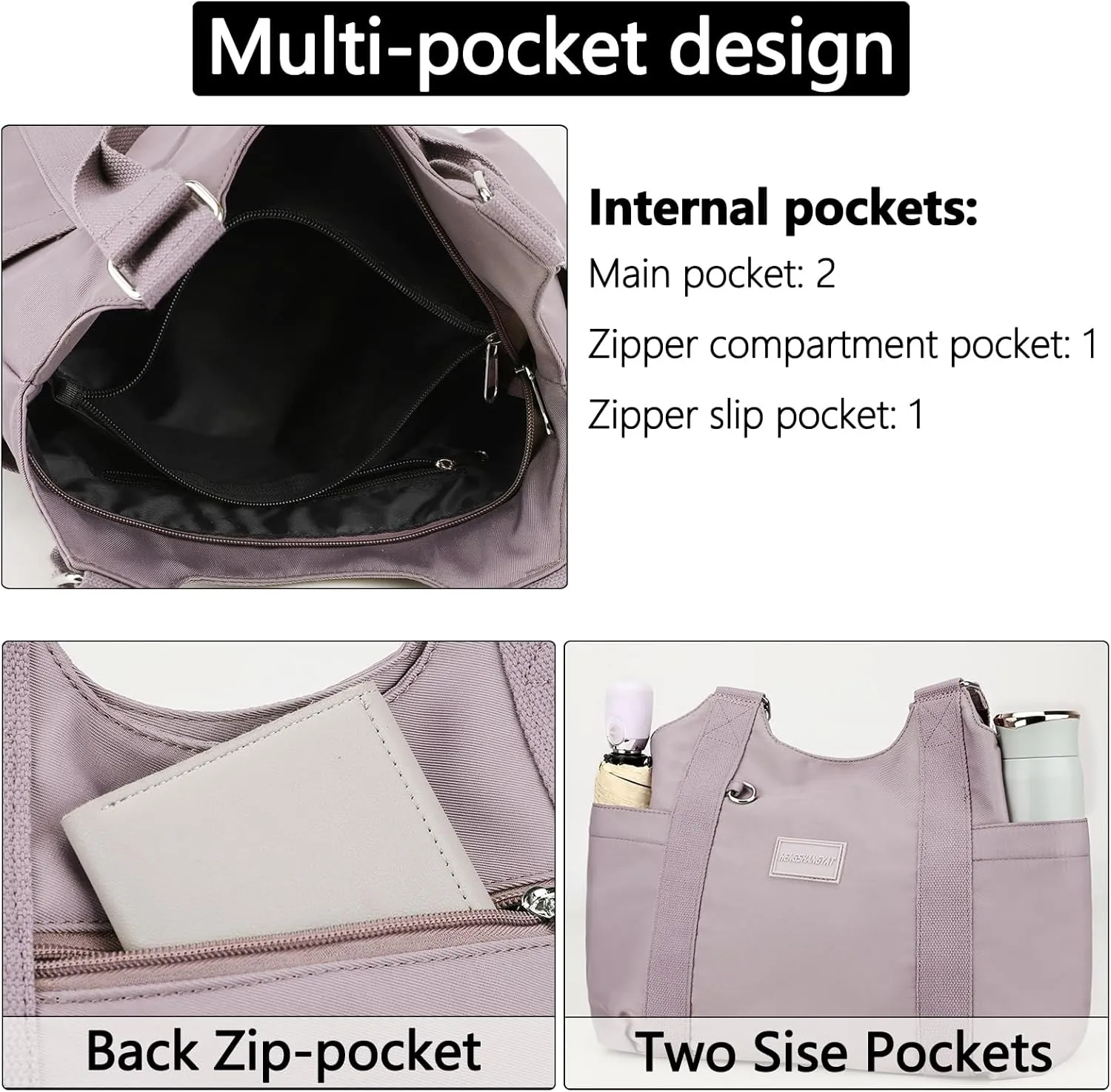 VODIU Nylon Tote Bag for Women Work Shoulder Handbags with Pockets, Everyday Purses for Women Waterproof Hand-bag with Zipper