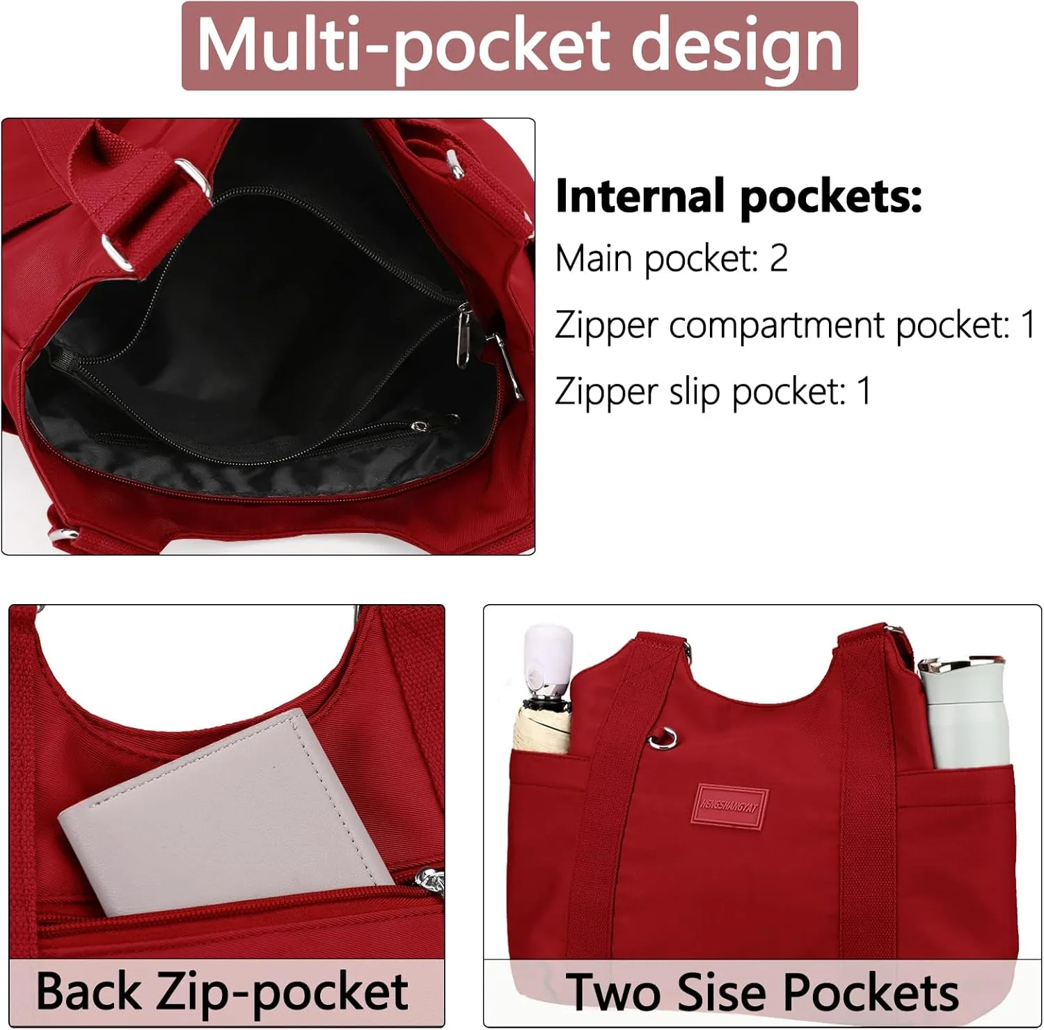 VODIU Nylon Tote Bag for Women Work Shoulder Handbags with Pockets, Everyday Purses for Women Waterproof Hand-bag with Zipper