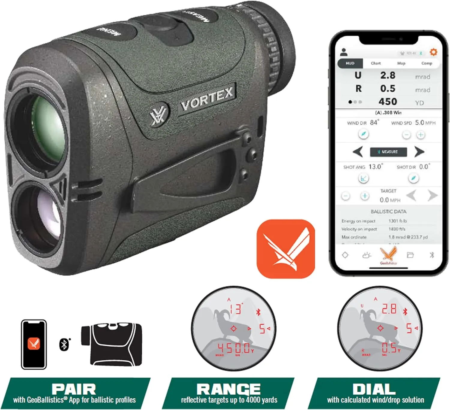 Vortex Optics Razor HD 4000 Laser Rangefinders - GeoBallistics Model Available, HD Optical System, Tripod Adaptable, Rubber Armor, Waterproof, Shockproof - Unlimited, Unconditional Warranty
