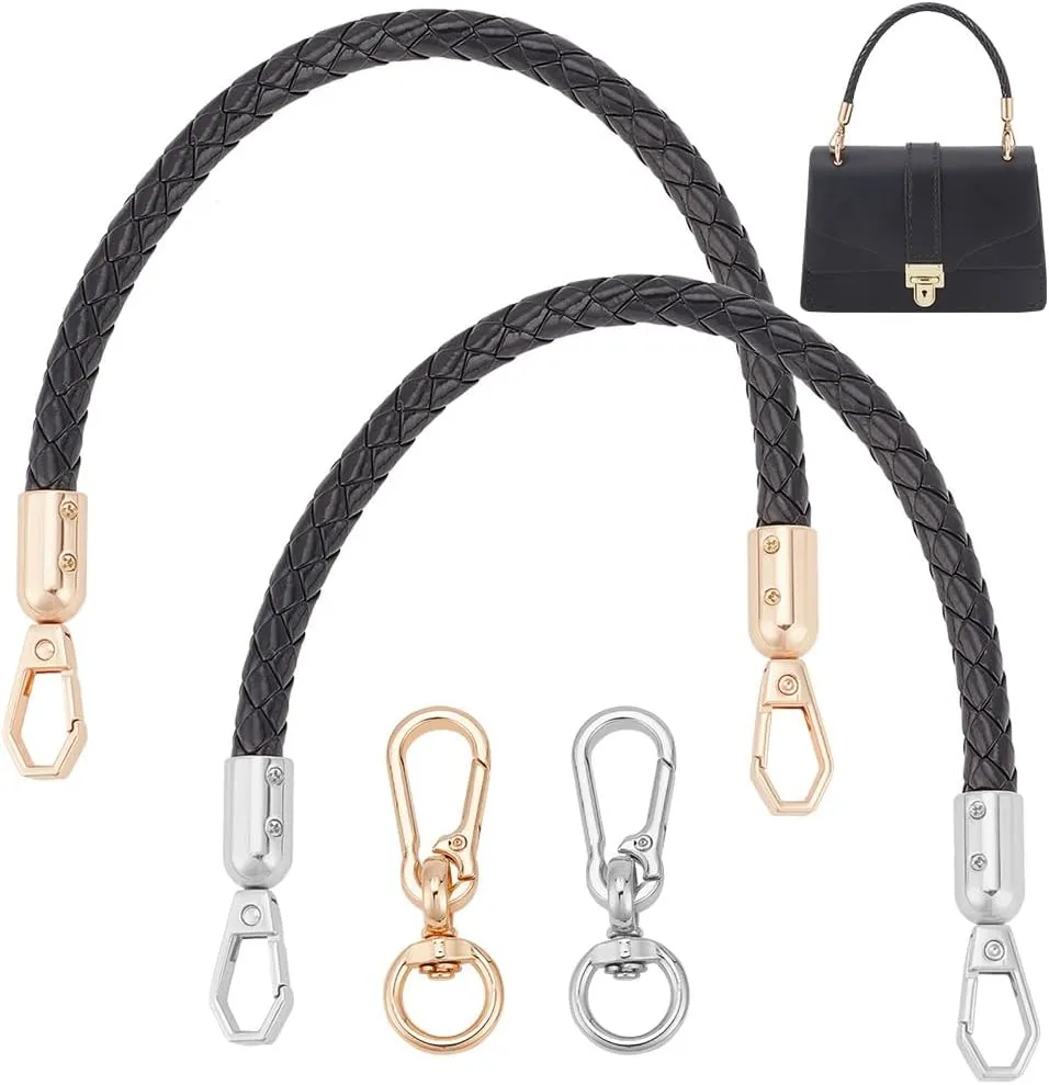 WADORN 2 Colors PU Leather Braided Handbag Handle, 12.15 Inch Short Purse Handle Strap Clutches Bag Handle Phone Wrist Strap Lanyard with 4pcs Alloy Swivel Clasps DIY Purse Making Accessories, Black