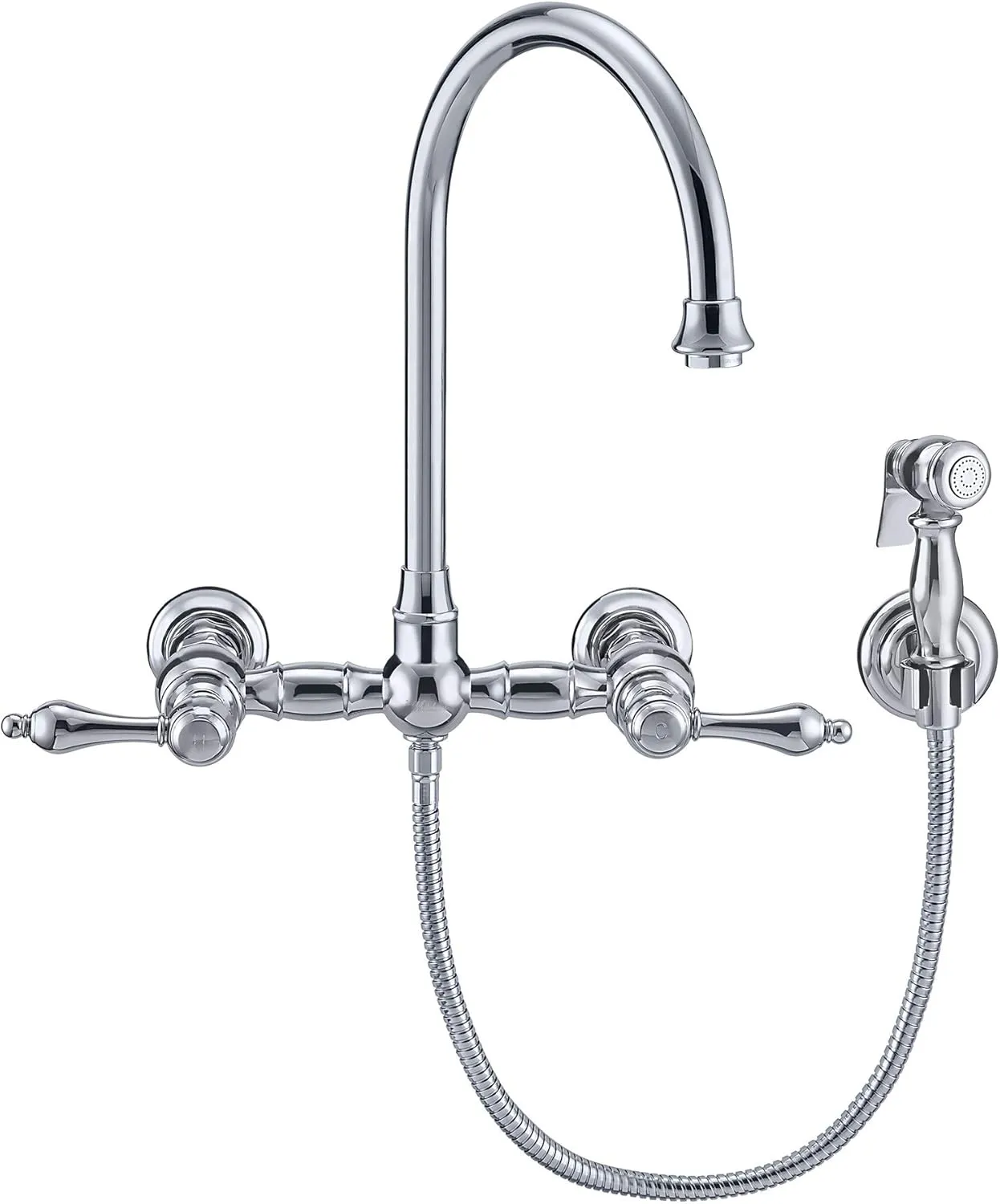 Wall Mount Faucet with a Long Gooseneck Swivel Spout, Lever Handles and Solid Brass Side Spray