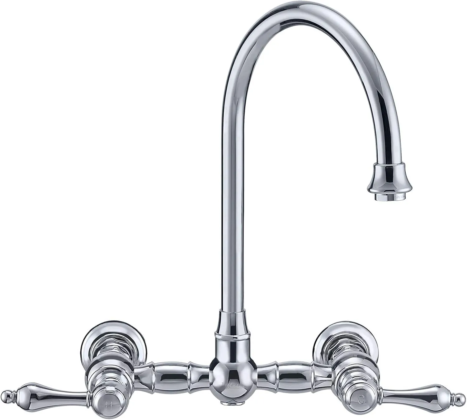 Wall Mount Faucet with a Long Gooseneck Swivel Spout, Lever Handles and Solid Brass Side Spray