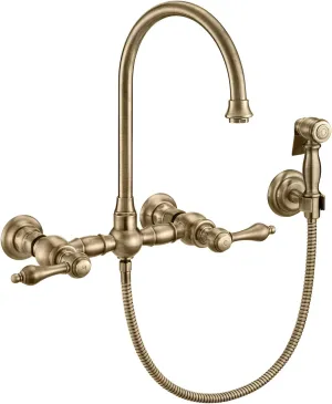 Wall Mount Faucet with a Long Gooseneck Swivel Spout, Lever Handles and Solid Brass Side Spray