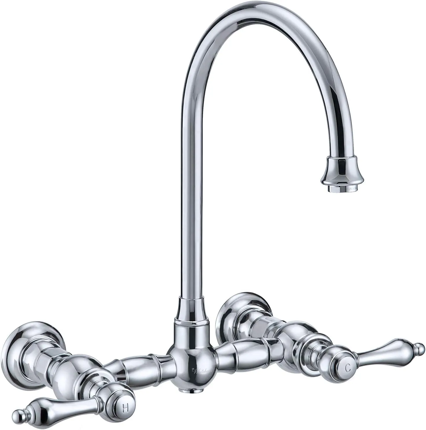 Wall Mount Faucet with a Long Gooseneck Swivel Spout, Lever Handles and Solid Brass Side Spray