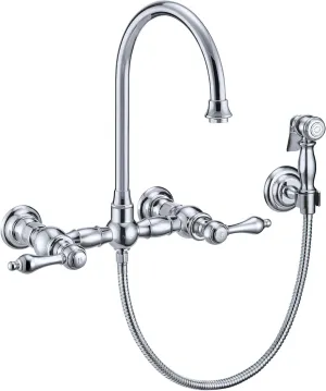 Wall Mount Faucet with a Long Gooseneck Swivel Spout, Lever Handles and Solid Brass Side Spray