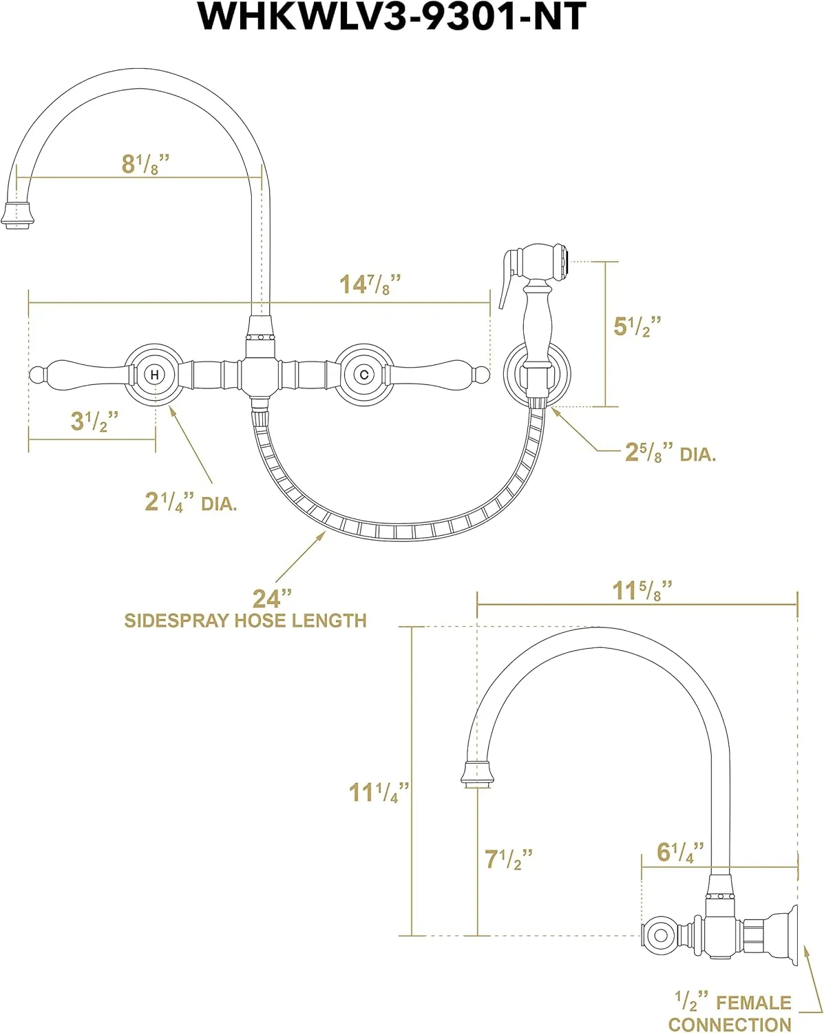 Wall Mount Faucet with a Long Gooseneck Swivel Spout, Lever Handles and Solid Brass Side Spray