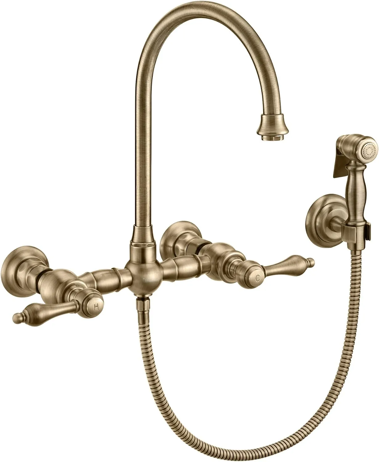 Wall Mount Faucet with a Long Gooseneck Swivel Spout, Lever Handles and Solid Brass Side Spray