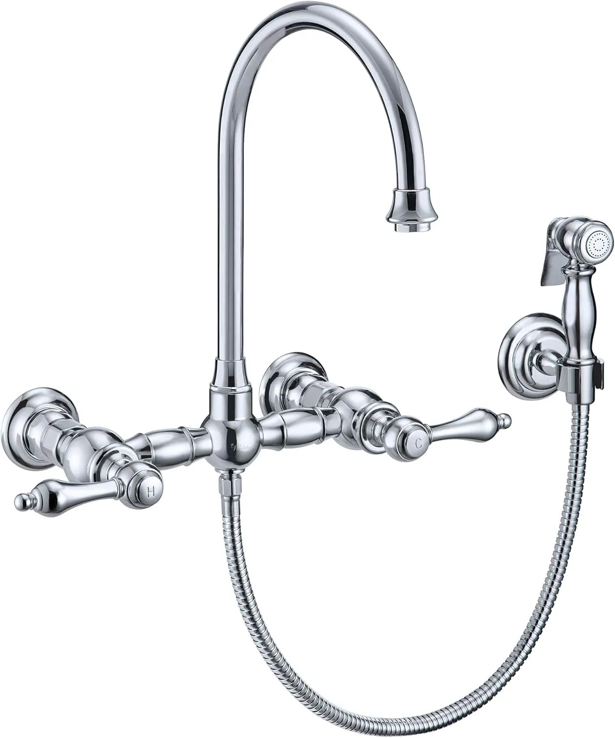 Wall Mount Faucet with a Long Gooseneck Swivel Spout, Lever Handles and Solid Brass Side Spray