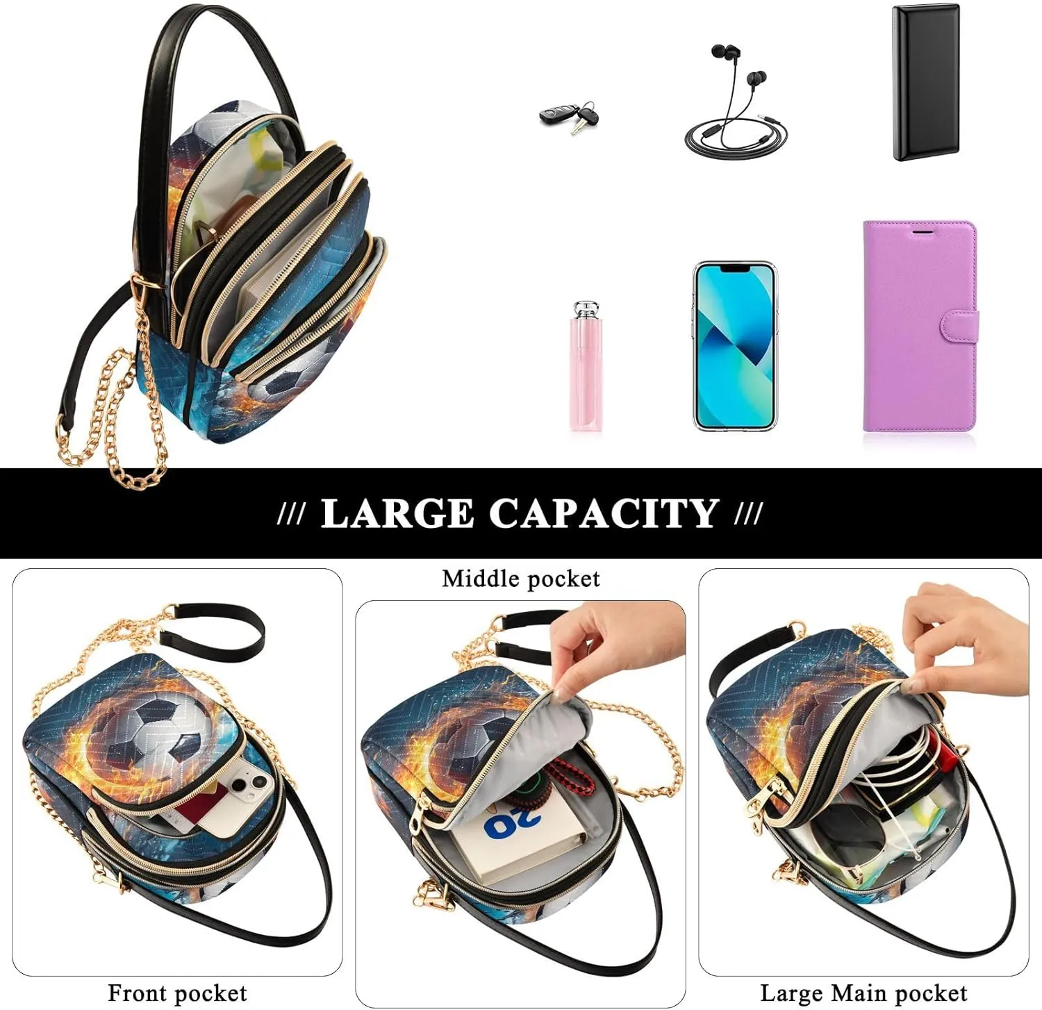 Walls Hand Painted Women's Crossbody Bag, Triple Compartment Crossbody Bag, Crossbody Purses for Women Travel