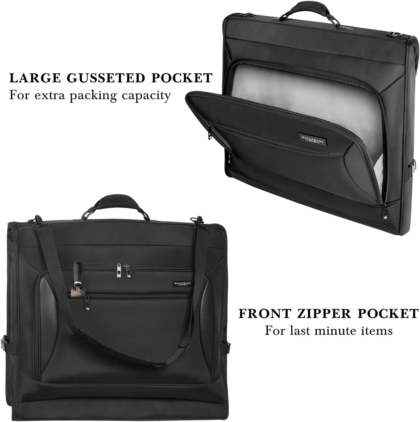 WallyBags Solutions Premium Garment Bag with shoulder strap and multiple pockets, Black, 45-Inch