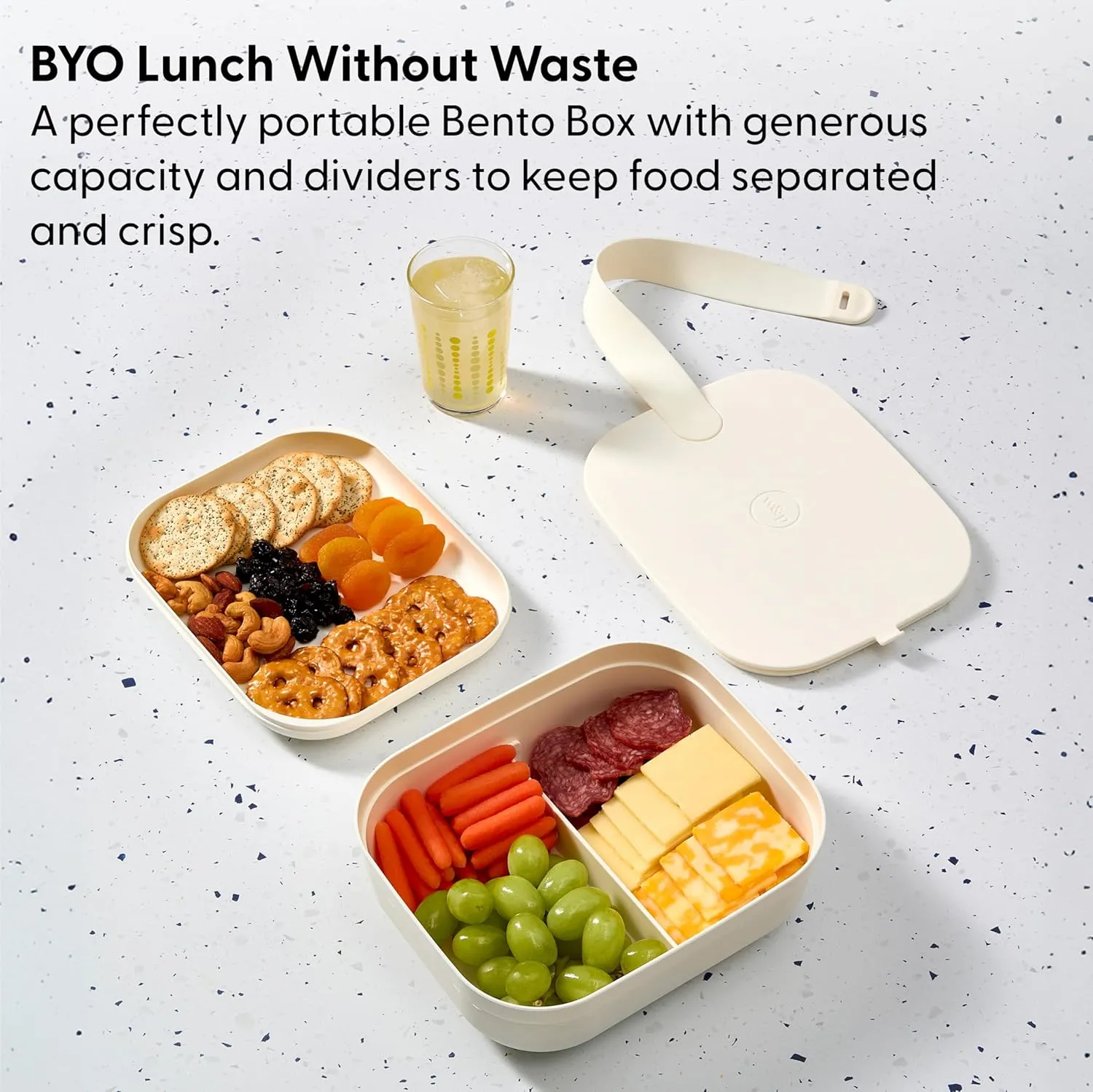 W&P Porter Bento Lunch Box, 3 Compartment Bento Box Portable Adult Lunch Box with Snap Strap- Food Container, BPA Free, Dishwasher and Microwave Safe, Charcoal, Medium