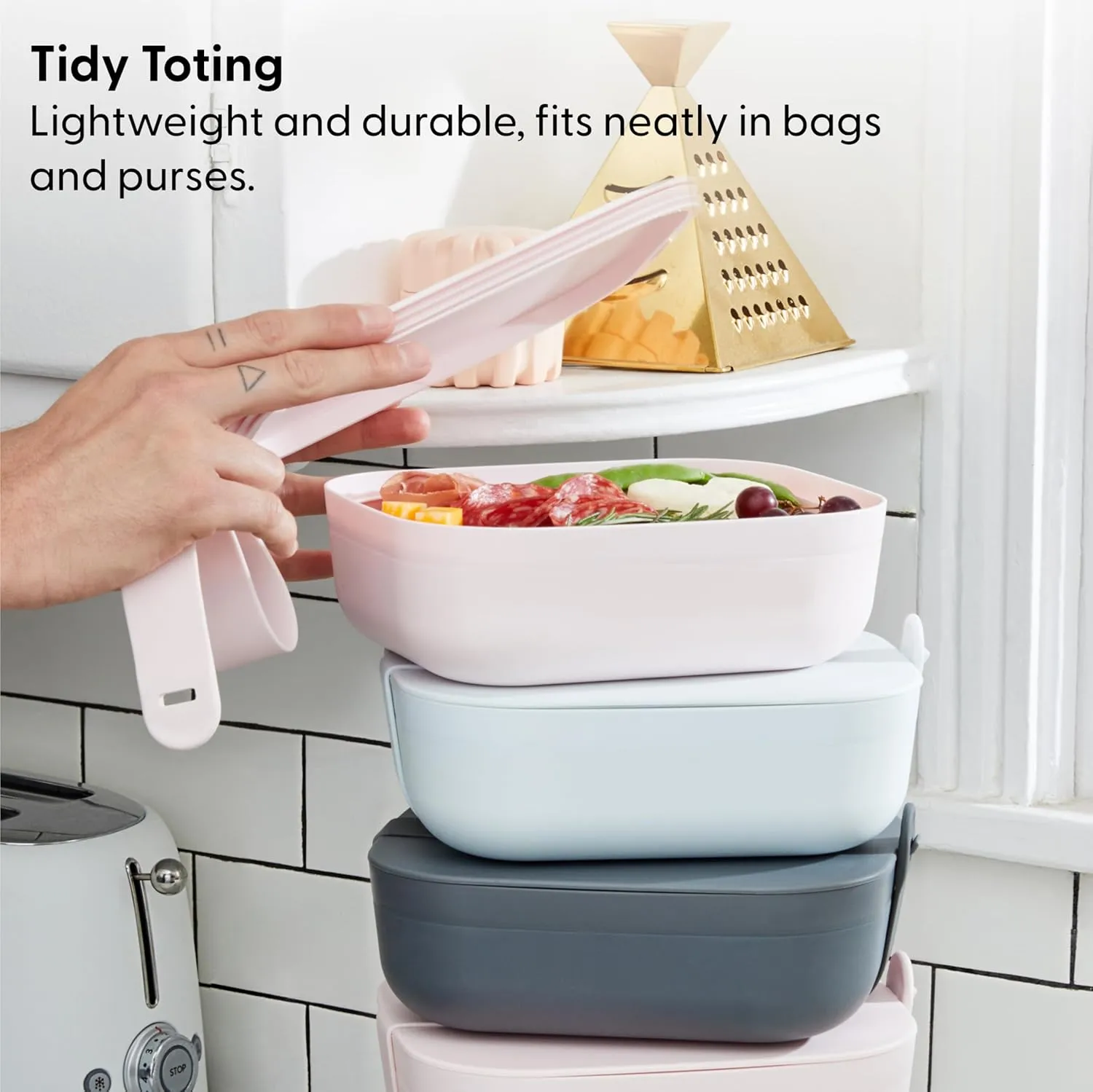 W&P Porter Bento Lunch Box, 3 Compartment Bento Box Portable Adult Lunch Box with Snap Strap- Food Container, BPA Free, Dishwasher and Microwave Safe, Charcoal, Medium