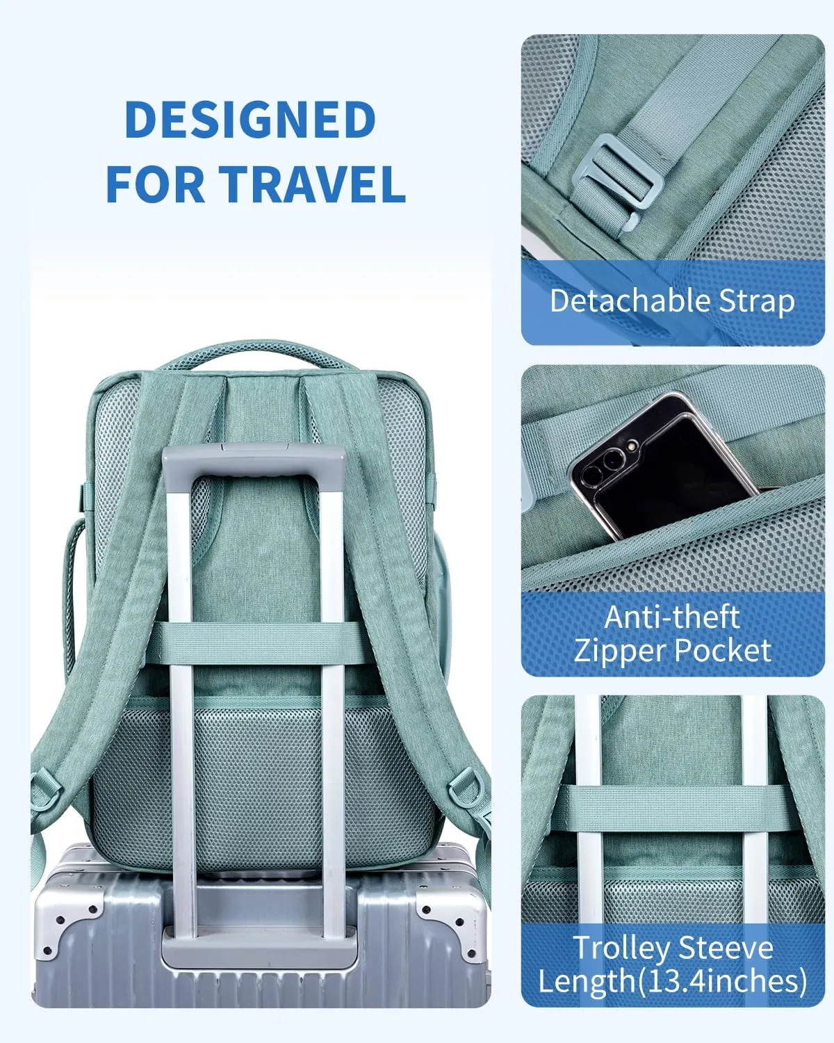 WANDF Travel Backpack For Spirit Airlines Personal Item Bag 18x14x8 with Wet Pocket, 17 Inch Laptop Backpack for Men Women (Turquoise)