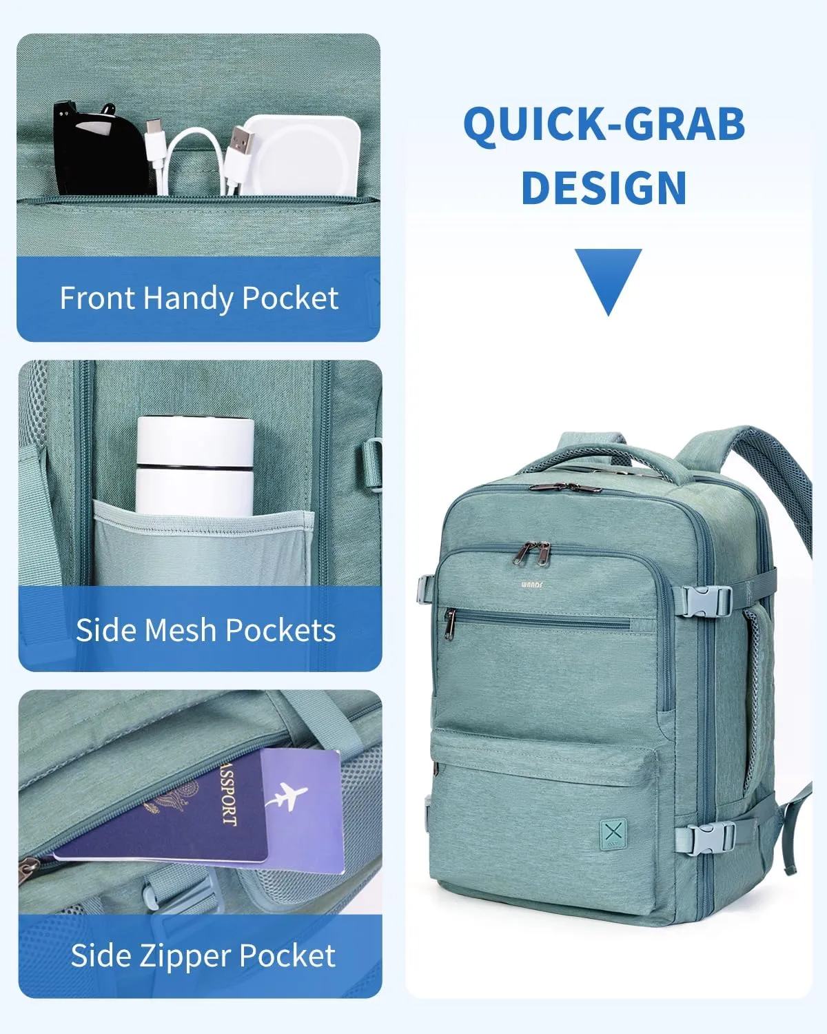 WANDF Travel Backpack For Spirit Airlines Personal Item Bag 18x14x8 with Wet Pocket, 17 Inch Laptop Backpack for Men Women (Turquoise)