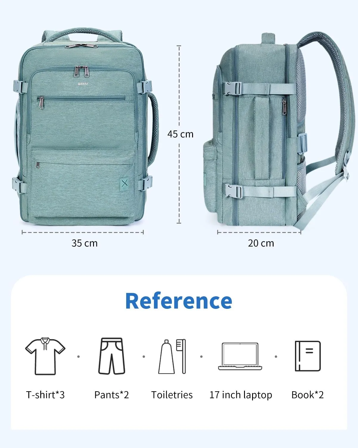 WANDF Travel Backpack For Spirit Airlines Personal Item Bag 18x14x8 with Wet Pocket, 17 Inch Laptop Backpack for Men Women (Turquoise)