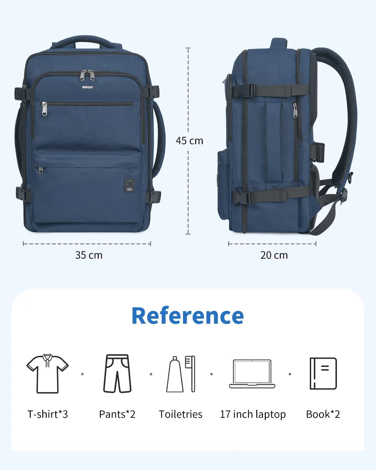 WANDF Travel Backpack For Spirit Airlines Personal Item Bag 18x14x8 with Wet Pocket, 17 Inch Laptop Backpack for Men Women（Navy Blue）