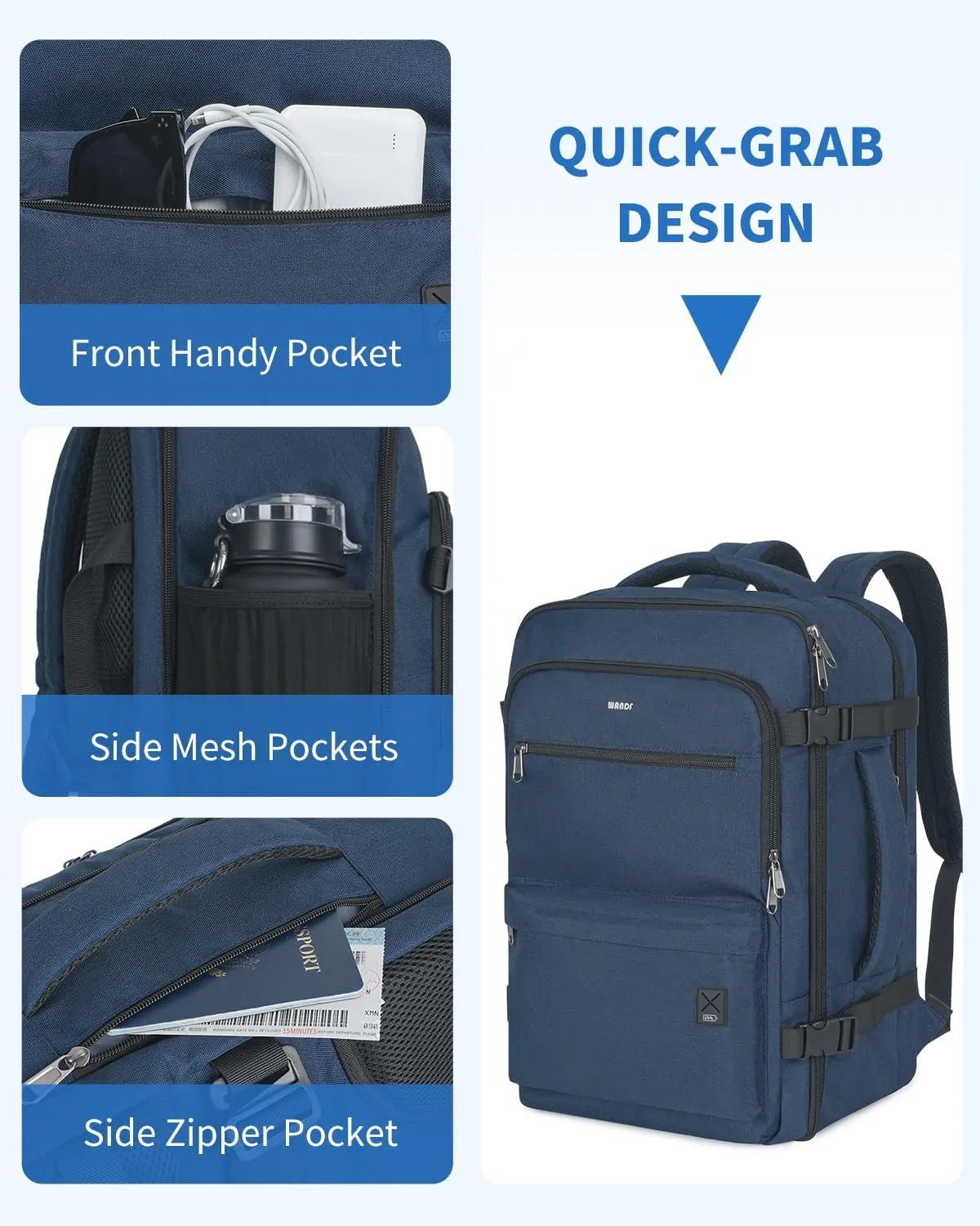 WANDF Travel Backpack For Spirit Airlines Personal Item Bag 18x14x8 with Wet Pocket, 17 Inch Laptop Backpack for Men Women（Navy Blue）
