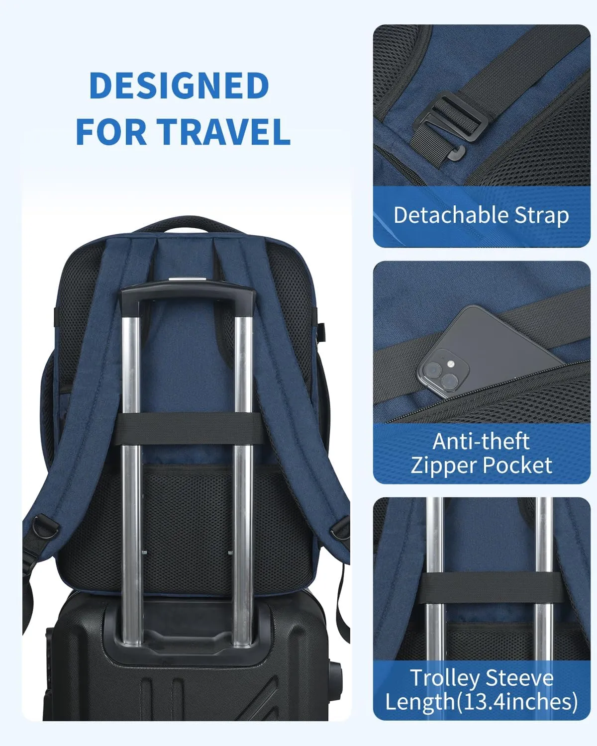WANDF Travel Backpack For Spirit Airlines Personal Item Bag 18x14x8 with Wet Pocket, 17 Inch Laptop Backpack for Men Women（Navy Blue）