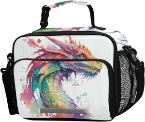 Watercolor Dragon Lunch Box for Boys Girls Insulated Lunch Bag Kids Cooler Tote Shoulder Strap Reusable for School Travel Picnic
