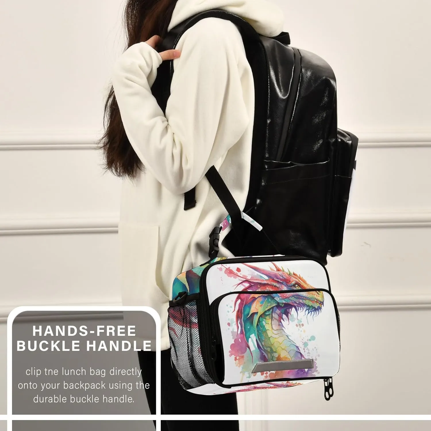 Watercolor Dragon Lunch Box for Boys Girls Insulated Lunch Bag Kids Cooler Tote Shoulder Strap Reusable for School Travel Picnic