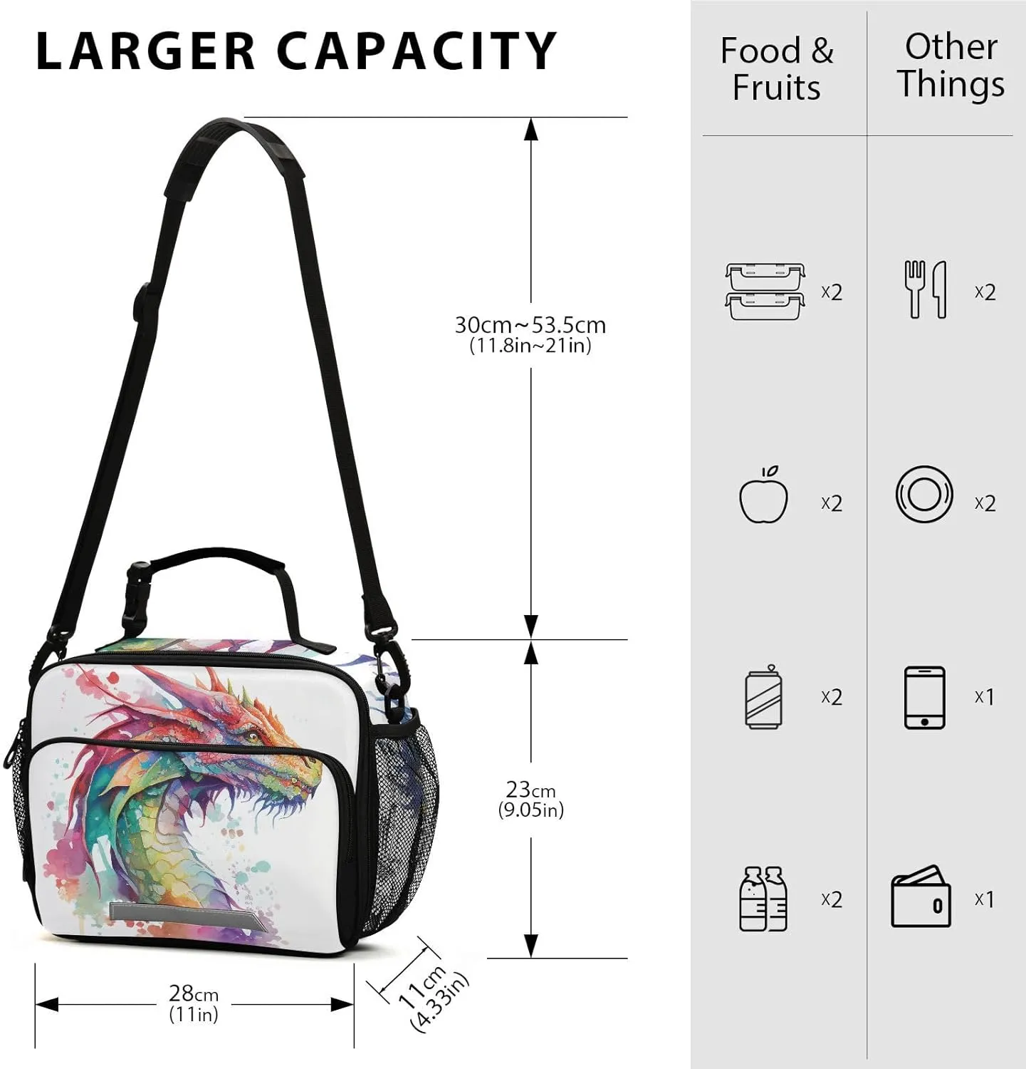 Watercolor Dragon Lunch Box for Boys Girls Insulated Lunch Bag Kids Cooler Tote Shoulder Strap Reusable for School Travel Picnic