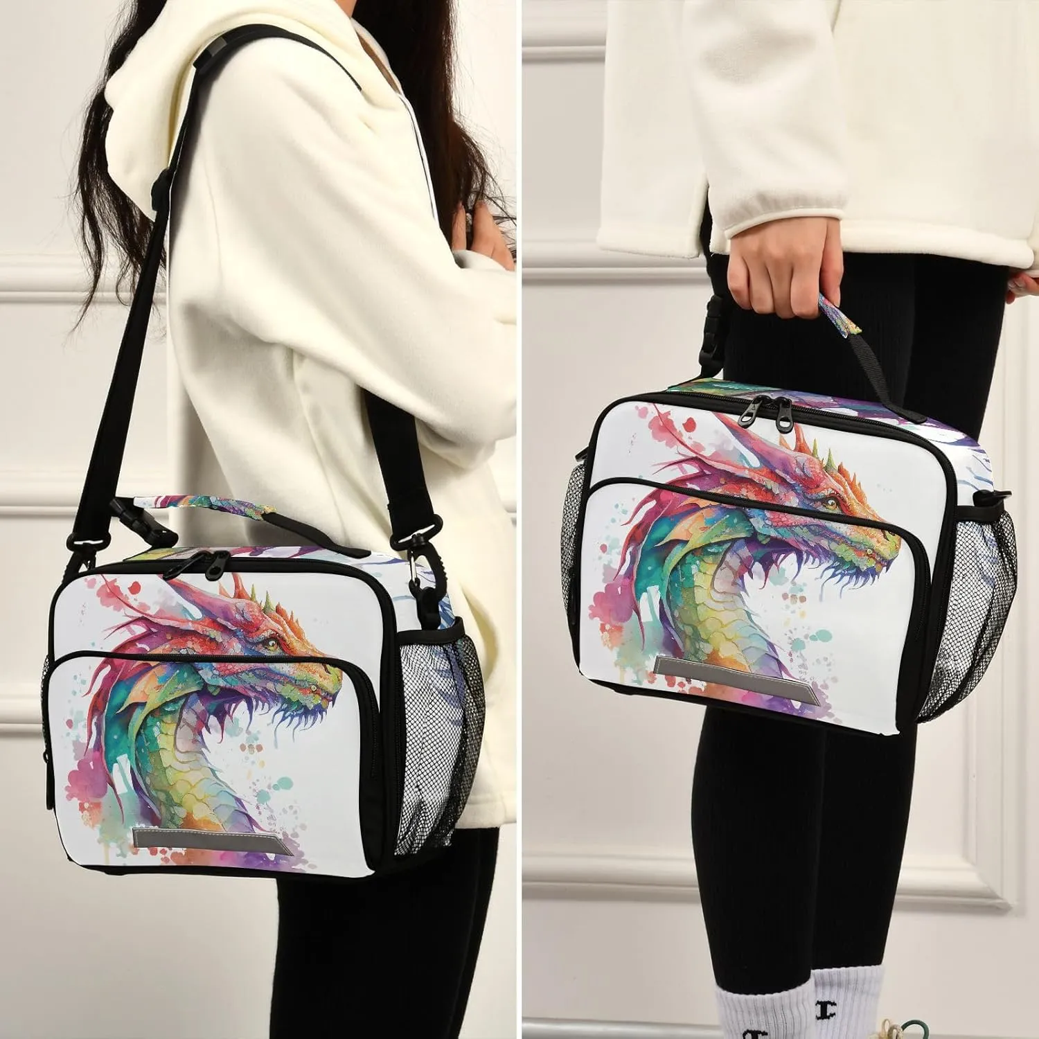 Watercolor Dragon Lunch Box for Boys Girls Insulated Lunch Bag Kids Cooler Tote Shoulder Strap Reusable for School Travel Picnic