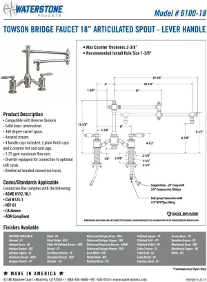 Waterstone 6100-18-4-CD-MB Bridge Faucet w/18" Articulated Spout Lever Handles 4pc. Suite Chardonnay & Matte Black