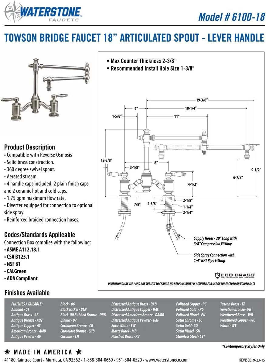 Waterstone Towson Bridge Faucet - 18" Articulated Spout - Lever Handles - 2Pc. Suite Graphite