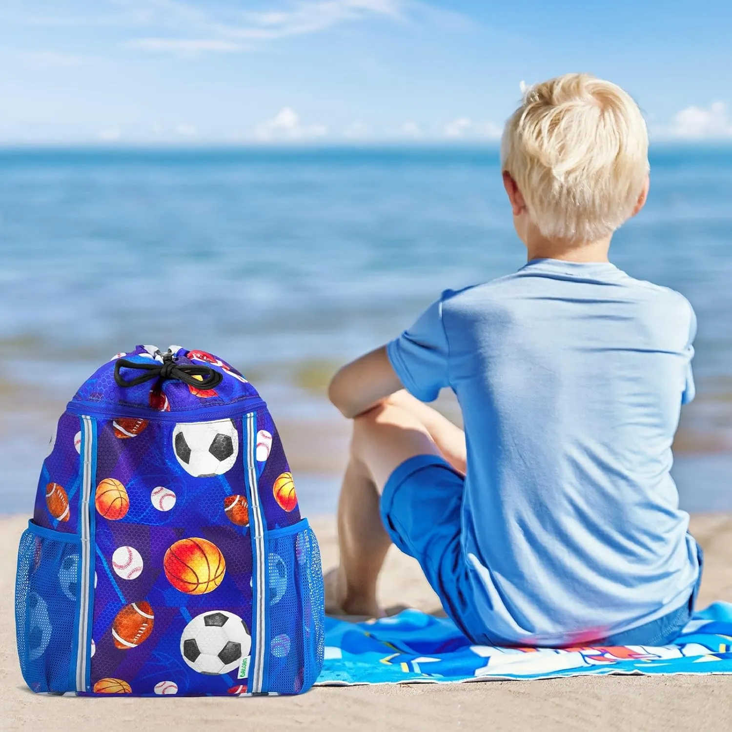 WAWSAM Kids Gym Drawstring Backpack String Bag, Ball Sports Gym Bag for Kids Boys Waterproof Swimming Beach String Cinch Backpack with Two Water Bottle Pocket
