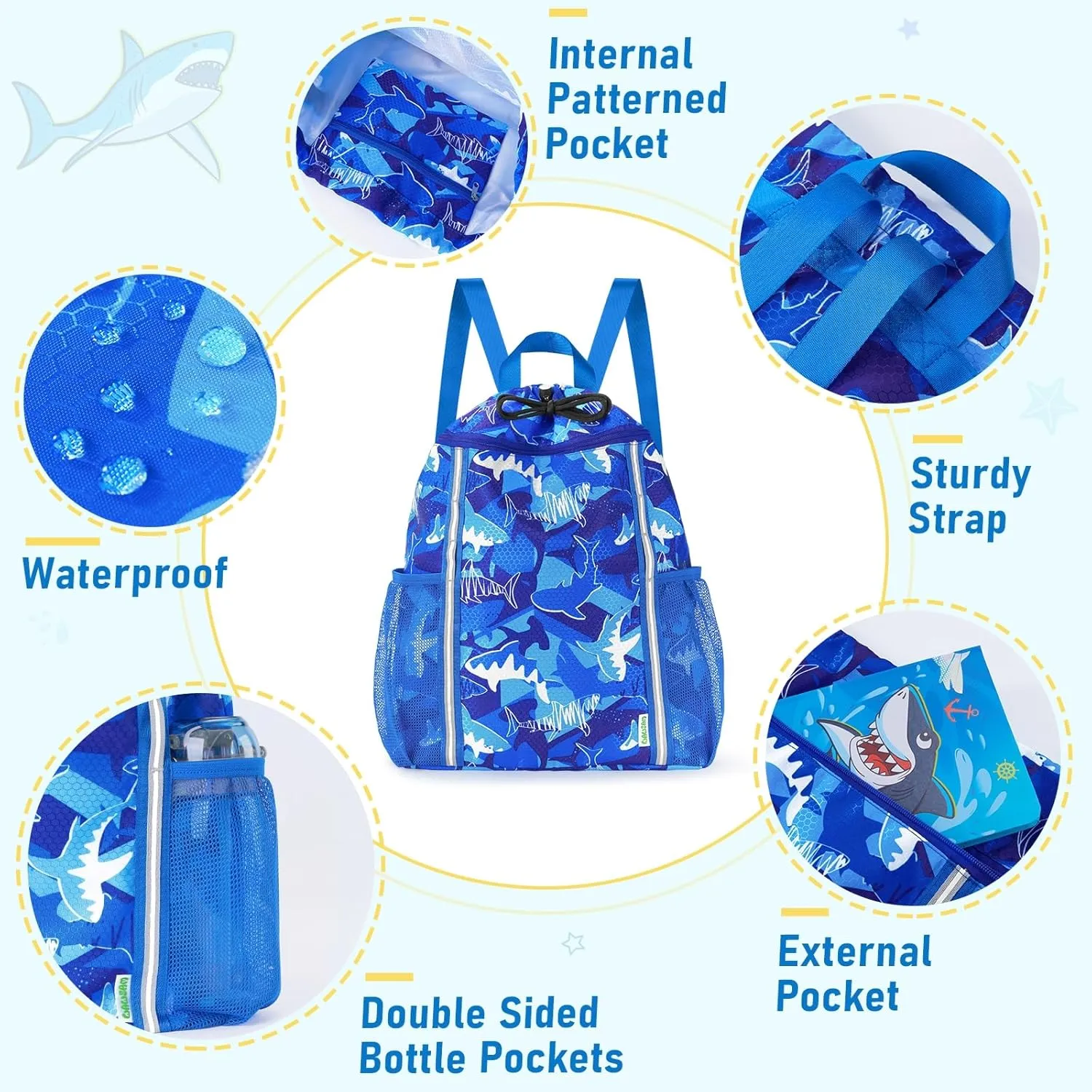 WAWSAM Kids Gym Drawstring Backpack String Bag, Shark Sports Gym Bag for Kids Boys Waterproof Swimming Beach String Cinch Backpack with Two Water Bottle Pocket