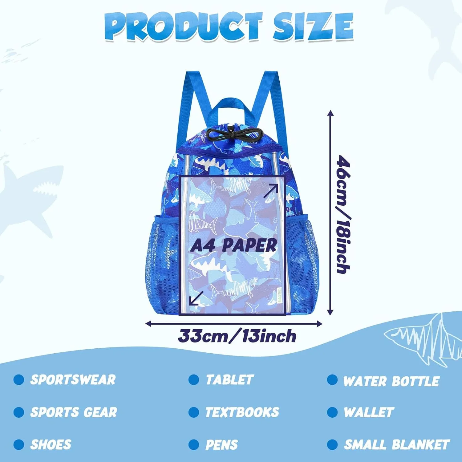 WAWSAM Kids Gym Drawstring Backpack String Bag, Shark Sports Gym Bag for Kids Boys Waterproof Swimming Beach String Cinch Backpack with Two Water Bottle Pocket