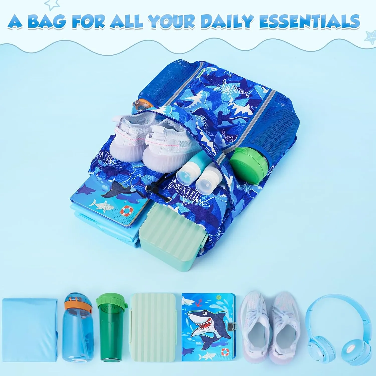 WAWSAM Kids Gym Drawstring Backpack String Bag, Shark Sports Gym Bag for Kids Boys Waterproof Swimming Beach String Cinch Backpack with Two Water Bottle Pocket