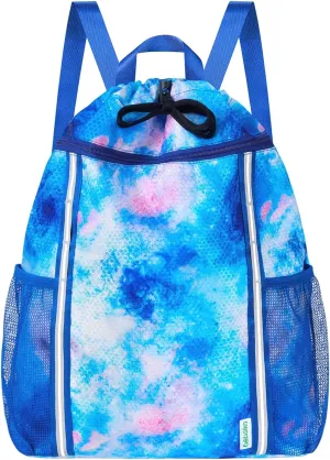 WAWSAM Kids Gym Drawstring Backpack String Bag, Tie Dyed Sports Gym Bag for Kids Girls Waterproof Swimming Beach String Cinch Backpack with Two Water Bottle Pocket