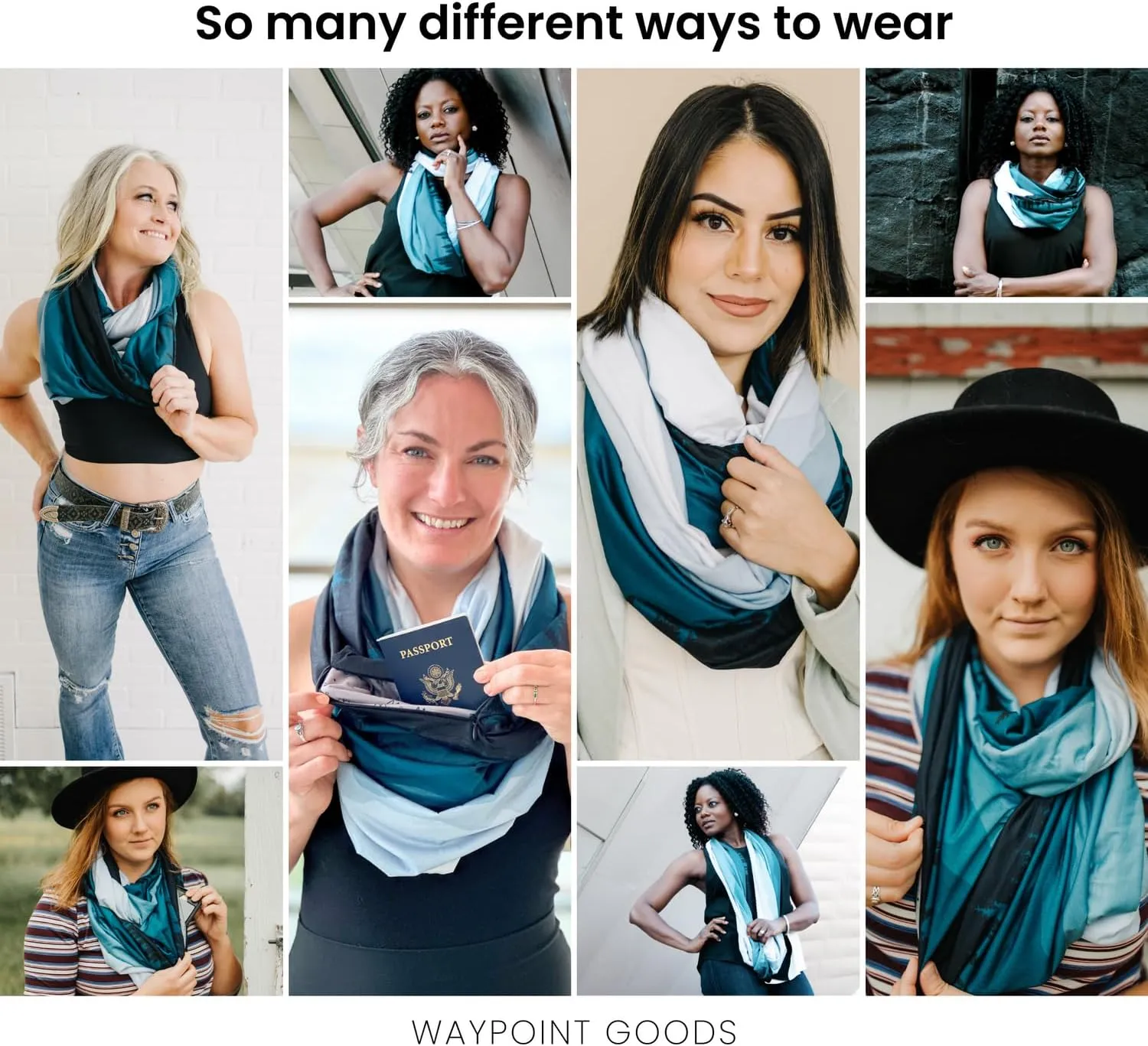 WAYPOINT GOODS Infinity Travel Scarf Hidden Zipper Pocket for Women Airplane - Lightweight Cotton Bamboo - Travel Essentials
