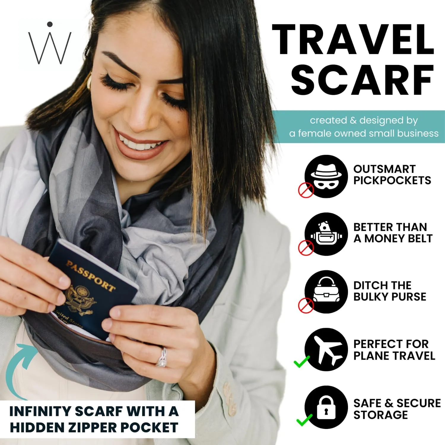 WAYPOINT GOODS Infinity Travel Scarf Hidden Zipper Pocket for Women Airplane - Lightweight Cotton Bamboo - Travel Essentials