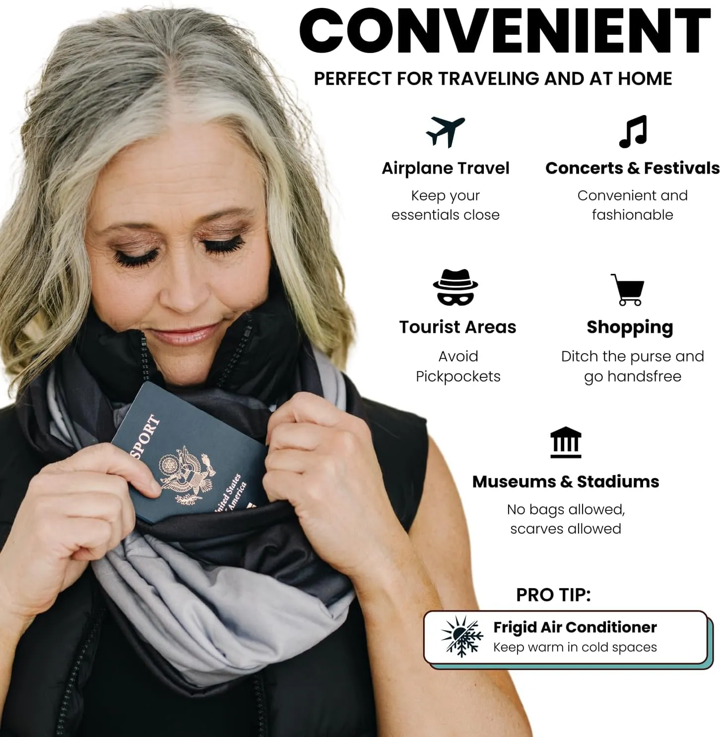 WAYPOINT GOODS Infinity Travel Scarf Hidden Zipper Pocket for Women Airplane - Lightweight Cotton Bamboo - Travel Essentials