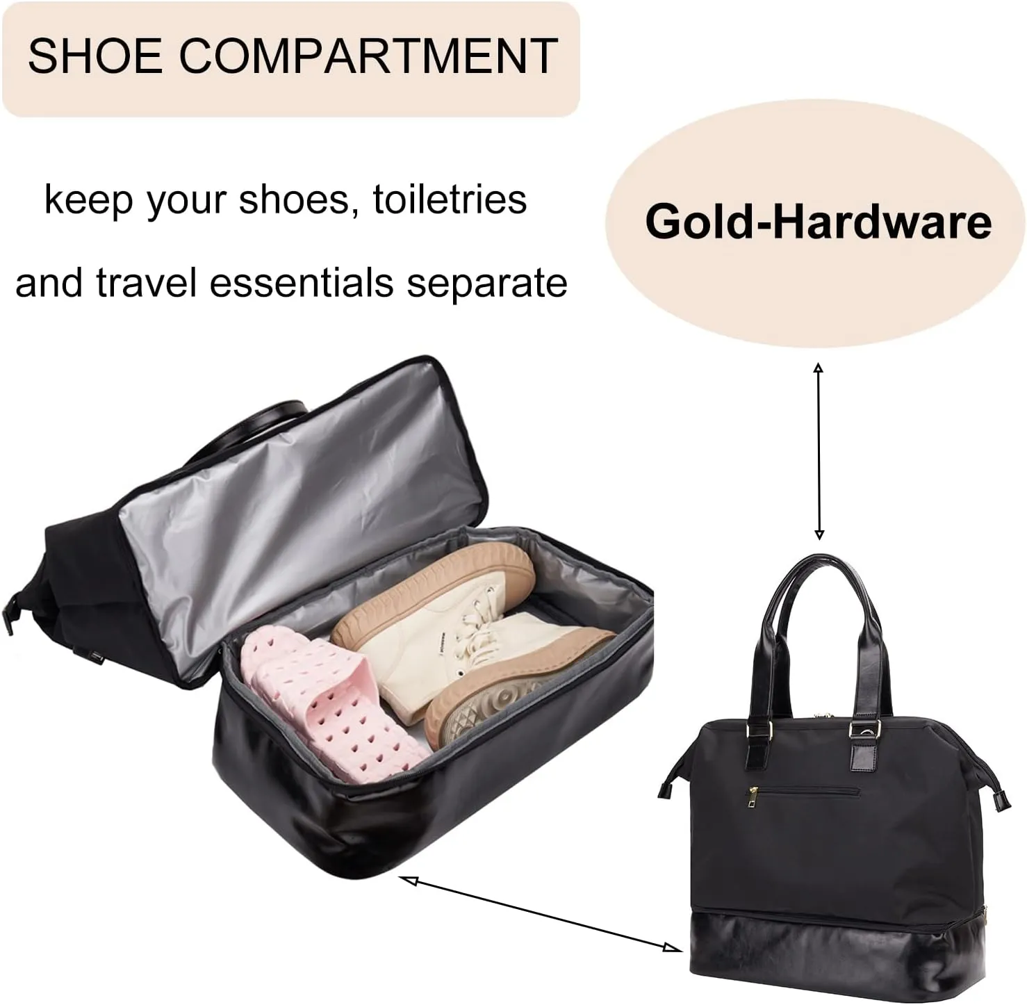 Weekender Bag with Shoe Compartment Travel Tote Overnight Bag, Black Personal Item - 17 Inch