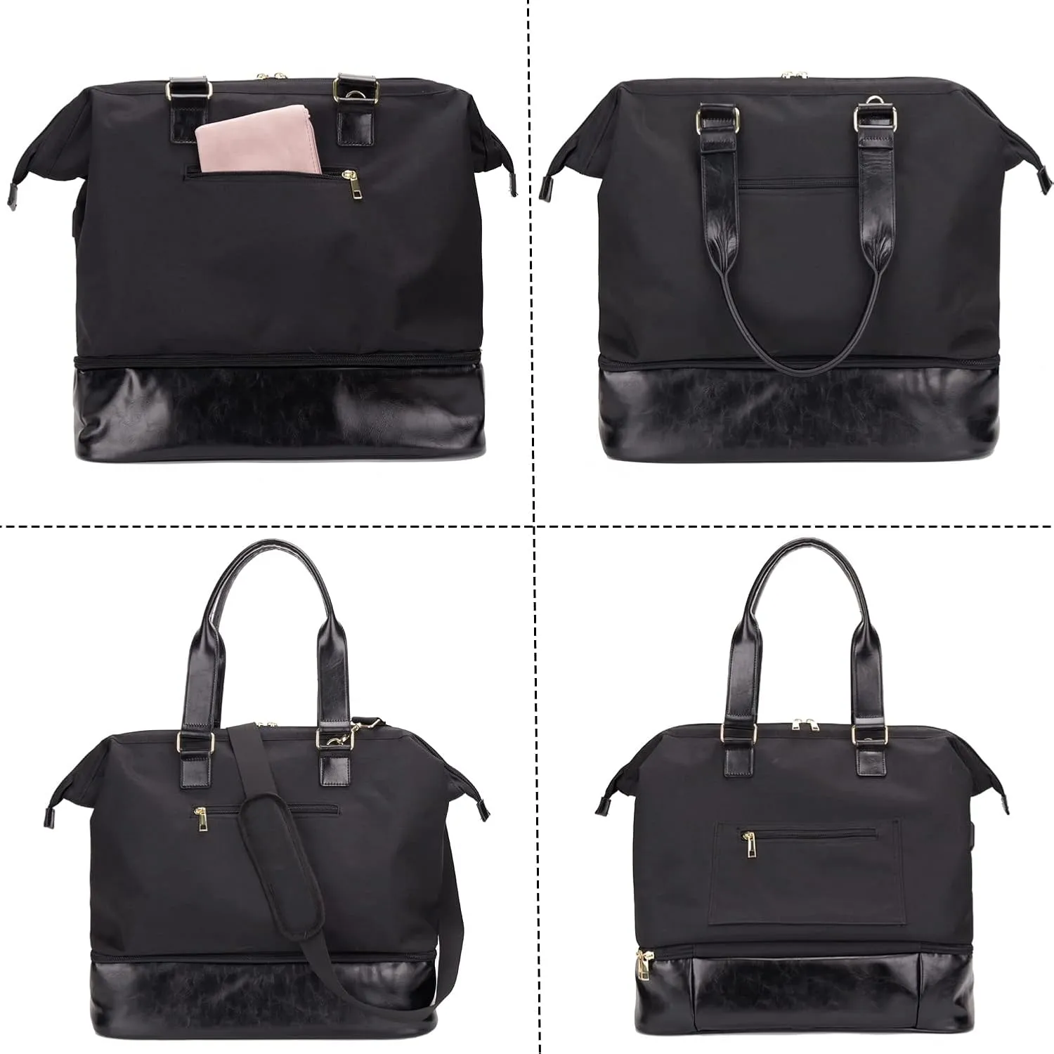 Weekender Bag with Shoe Compartment Travel Tote Overnight Bag, Black Personal Item - 17 Inch