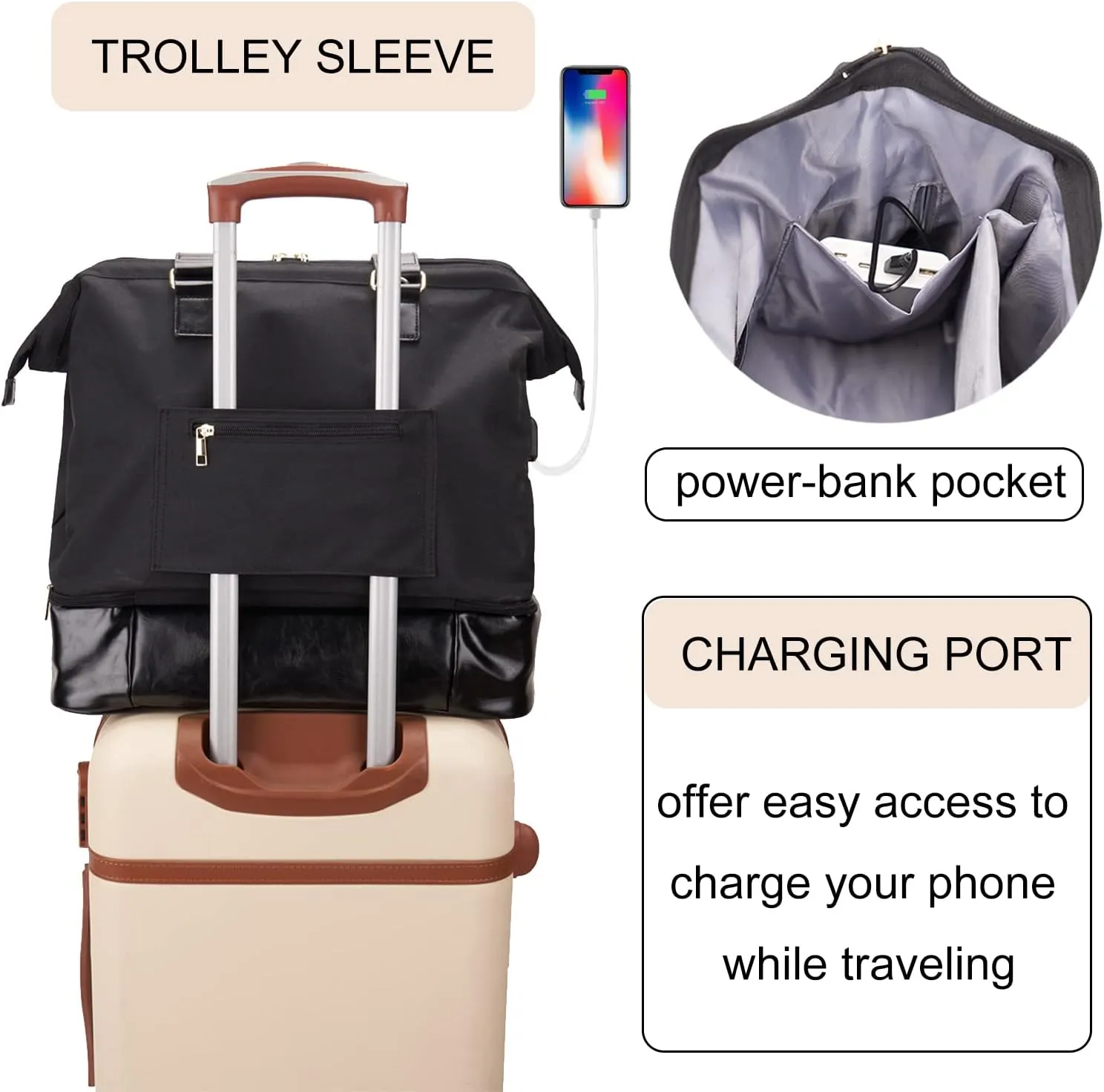 Weekender Bag with Shoe Compartment Travel Tote Overnight Bag, Black Personal Item - 17 Inch