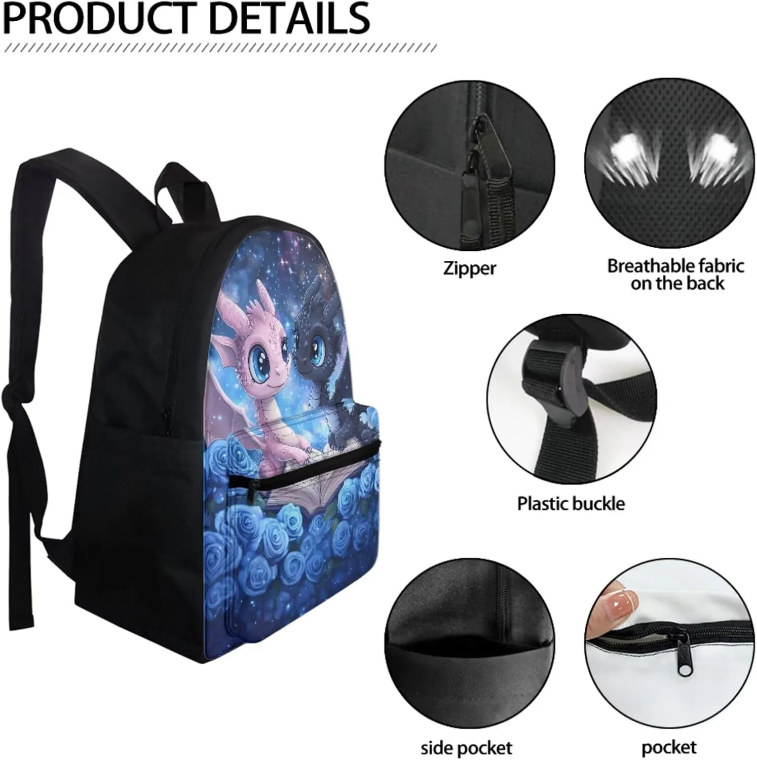WELLFLYHOM Dragon Rose Kids School Backpack for Girls 4-6T Book Bag with Lunch Box Pencil Case 3pcs Book Galaxy School Bag Set for Preschool Elementary Students
