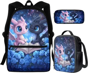 WELLFLYHOM Dragon Rose Kids School Backpack for Girls 4-6T Book Bag with Lunch Box Pencil Case 3pcs Book Galaxy School Bag Set for Preschool Elementary Students