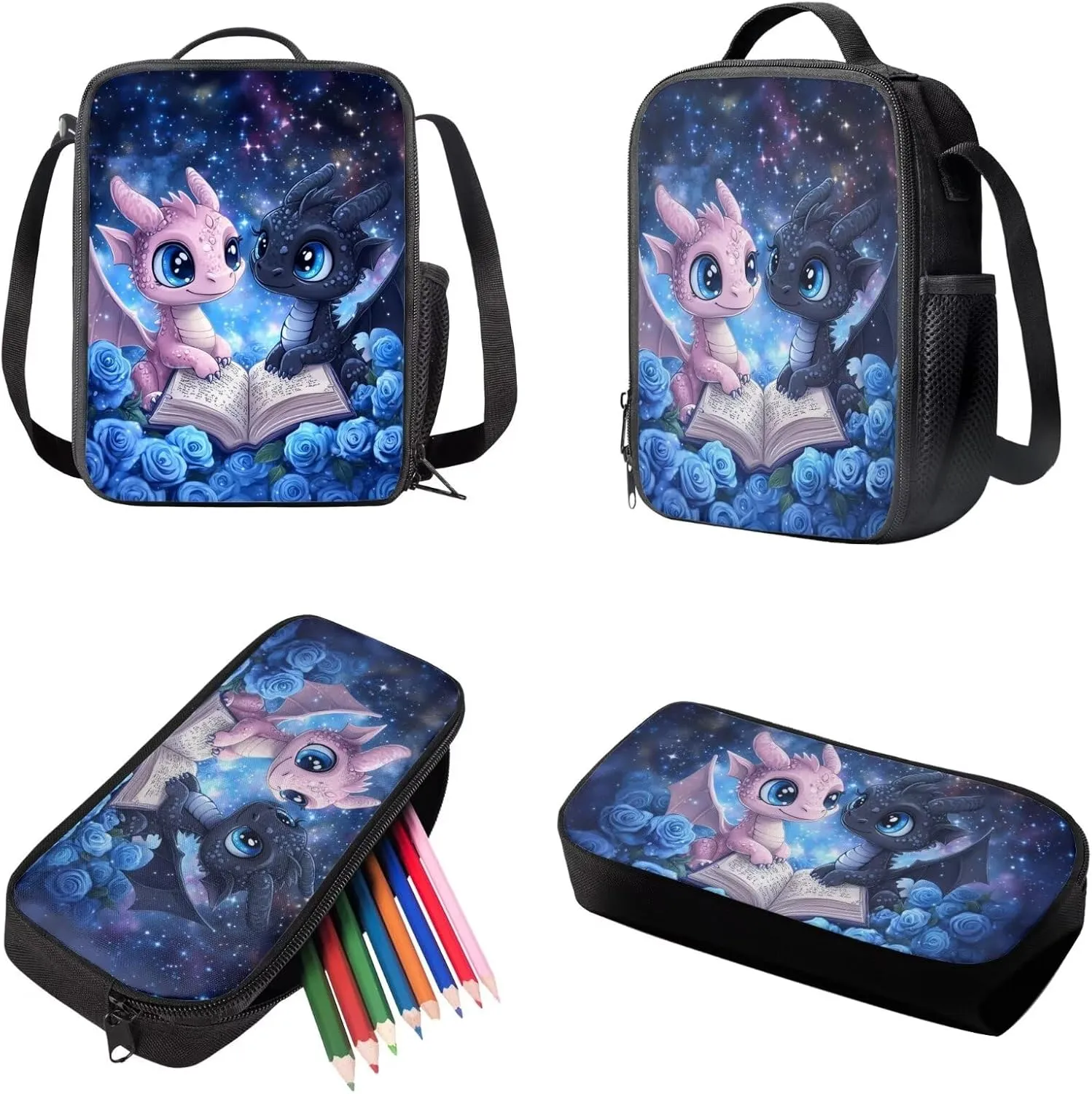 WELLFLYHOM Dragon Rose Kids School Backpack for Girls 4-6T Book Bag with Lunch Box Pencil Case 3pcs Book Galaxy School Bag Set for Preschool Elementary Students