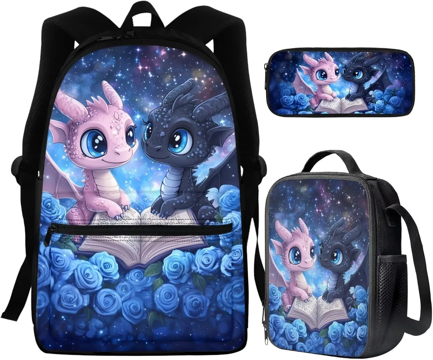 WELLFLYHOM Dragon Rose Kids School Backpack for Girls 4-6T Book Bag with Lunch Box Pencil Case 3pcs Book Galaxy School Bag Set for Preschool Elementary Students