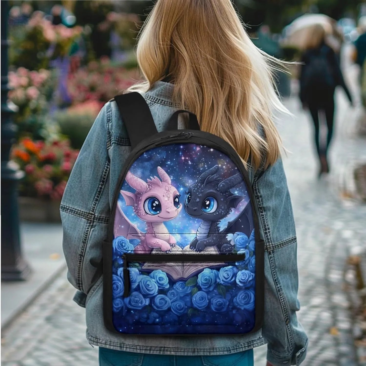 WELLFLYHOM Dragon Rose Kids School Backpack for Girls 4-6T Book Bag with Lunch Box Pencil Case 3pcs Book Galaxy School Bag Set for Preschool Elementary Students